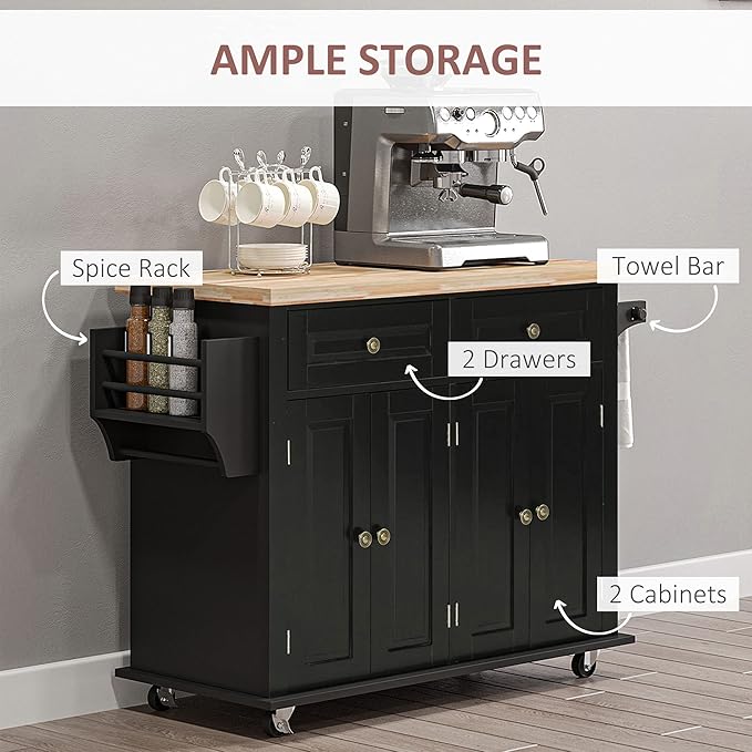 HOMCOM Kitchen Island Cart with Solid Wood Top, 44" Mobile Kitchen Island Table on Wheels with Storage Cabinets, 2 Drawers, Adjustable Shelves, Spice Rack & Towel Bar for Dining Room, Black