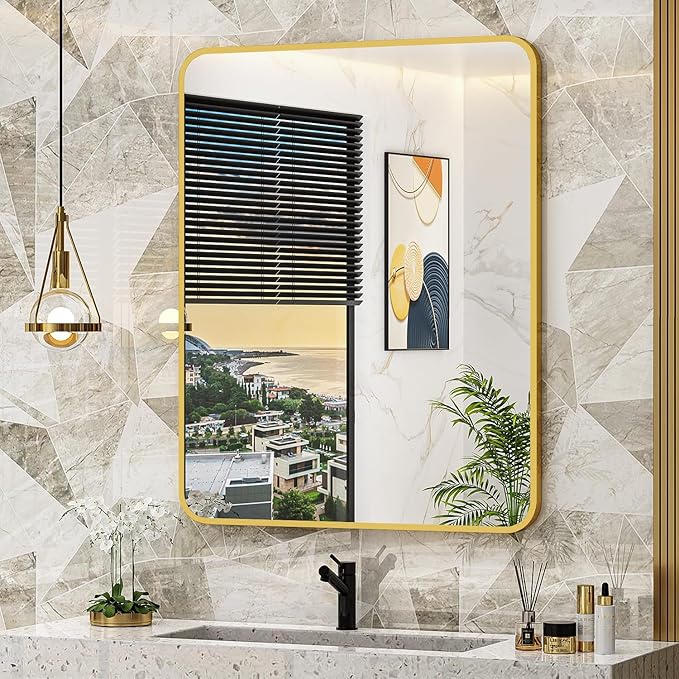 ACEMIRO 24x30 Inch Bathroom Medicine Cabinet with Mirror Gold Metal Framed Recessed or Surface Wall Mounted Mirrored Medicine Cabinets for Bathroom