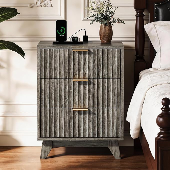 VINGLI Gray Nightstand with Charging Station, Fluted Nightstand 3 Drawers Grey Night Stand for Bedroom, Fluted Grey Bedside Table/End Table/Side Table, 17.72" W*13.78" D*23.62" H, 1 pc