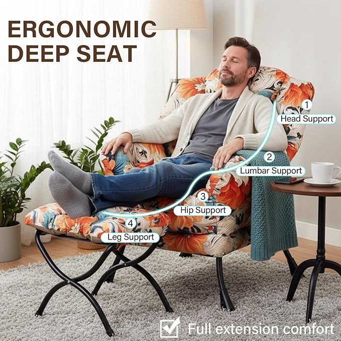 Welnow Lazy Chair with Ottoman, Modern Accent Chair with Armrests and a Side Pocket, Leisure Sofa Armchair Set, Reading Armchair with Footrest for Small Space, Orange Blue