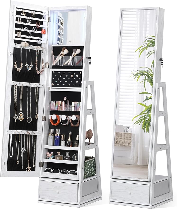 Nicetree 360° Swivel Jewelry Cabinet with Lights, Touch Screen Vanity Mirror, Rotatable Full Length Mirror with Jewelry Storage, Standing Jewelry Armoire Organizer, Foldable Makeup Shelf, Pure White