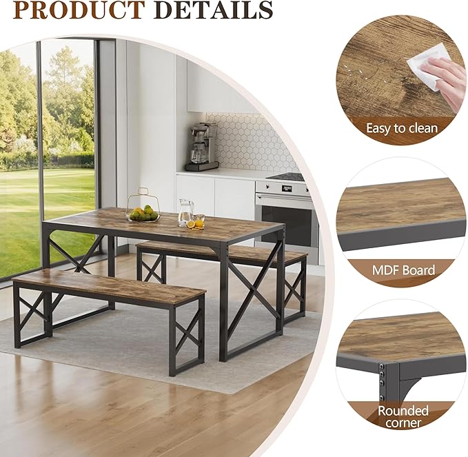 VECELO 55” Kitchen Dining Table Set for 4, Heavy-Duty Steel Frame & Wood-Grain Tabletop, Space-Saving Dinette Sets with 2 Benches for Breakfast Nook and Small Space, Grey
