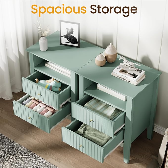 RoyalCraft Fluted Nightstand Set of 2, Colorful Nightstand with 2 Drawers, Modern Wooden End Table with Storage for Small Spaces, Side Table for Bedroom, Couch, Home Office, Milky Green