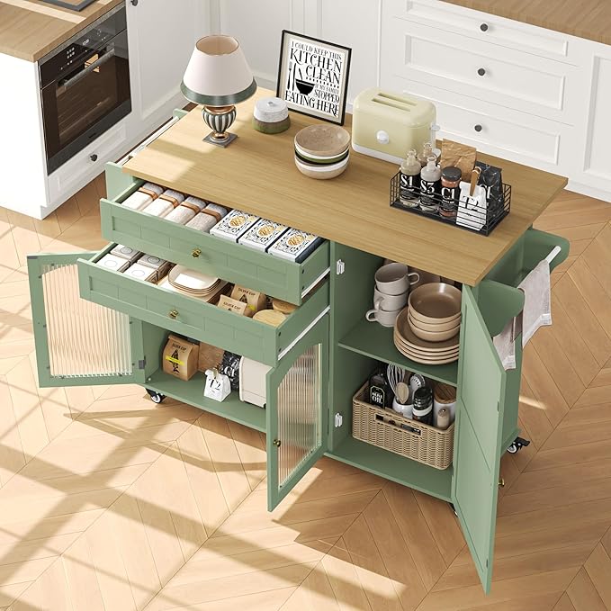 FINETONES Kitchen Island with Storage, Rolling Kitchen Island on Wheels with Wood Drop Leaf Countertop, Island Table Bar Cart with Spice Towel Rack Portable Kitchen Table Kitchen Carts on Wheels
