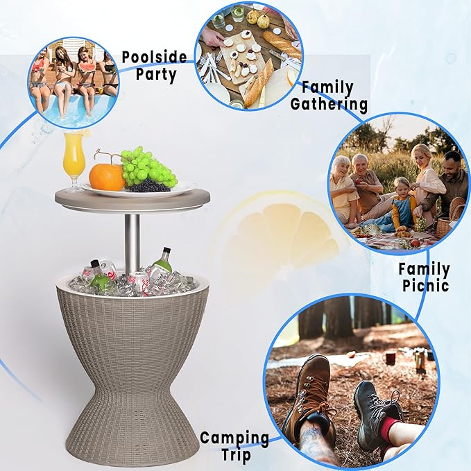 EasyUp Outdoor Cooler Bar Table – 8 Gallon Outdoor Patio Cooler Table with Drain Plug, Adjustable Height Rattan-Style Resin Cool Bar for Poolside, Deck, BBQ & Parties (Grey)