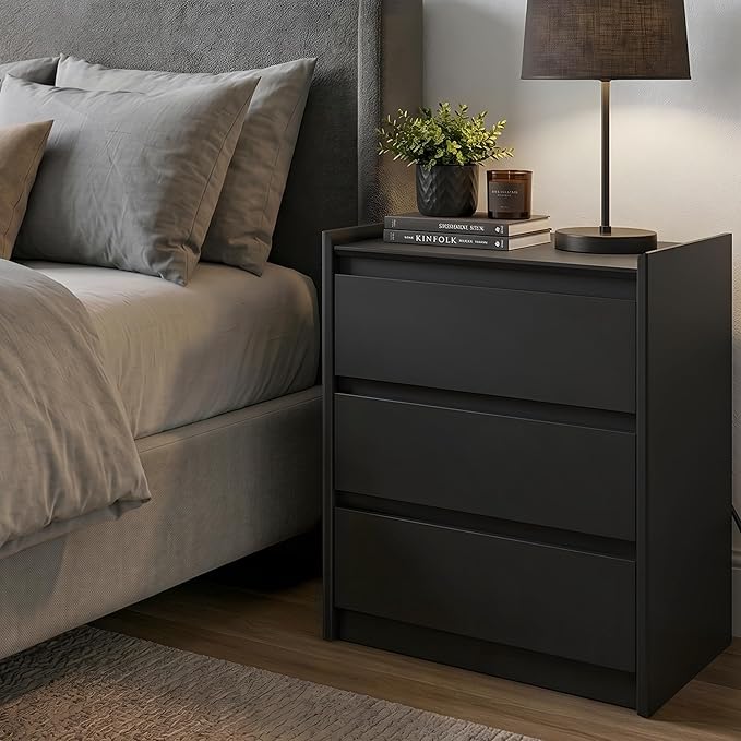 24" Tall Nightstand with Charging Station Including USB-C, Modern Bedside Table and Sofa End Table - Black, 3 Drawers, Set of 2