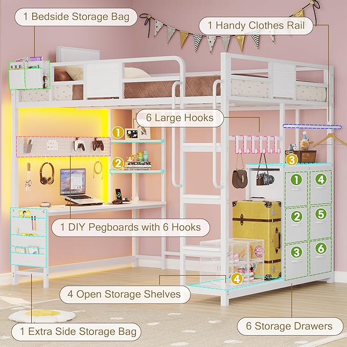 BYSAUD Full Size Loft Bed, Loft Bed with Desk, Full Loft Bed, 6 Storage Drawers & 4 Storage Shelves & 2 Storage Bags, LED Lights & Charging Station, Safety Guard & Ladder, Noise Free, White