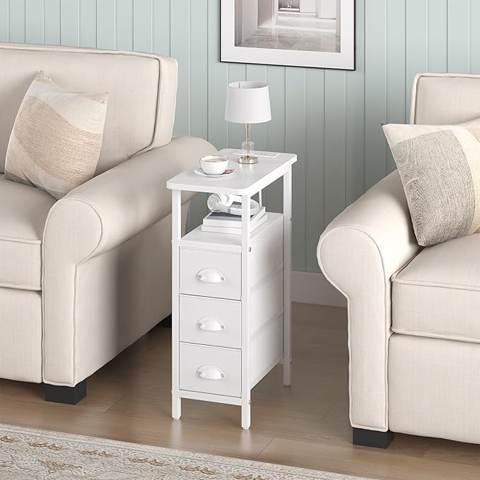 Sthmec End Table with Charging Station,Narrow Side Tables with USB Ports and Outlets,Skinny Bedside Tables with 3 Drawers,Small Tables Nightstands for Small Space,Slim Sofa Table for Livingroom, White