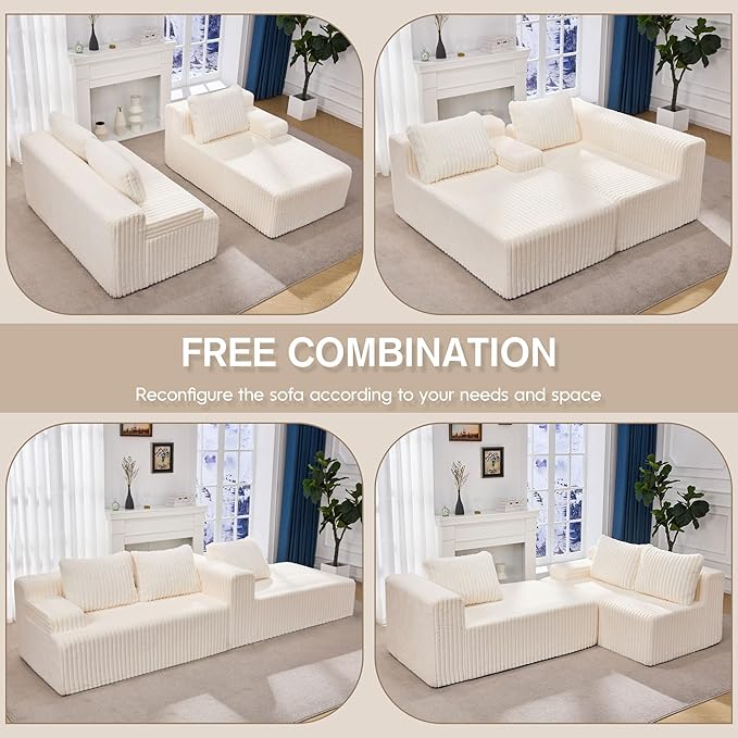 Hobestluk Modular Sectional Sofa Boneless Couch L-Shape Couch 3 Seat Modular Couch Memory Foam Sectional Couches for Living Room Furniture, Cloud Couch with Oversized Chaise (108" Right Facing Chaise)