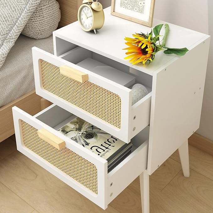 YAUKOMEL White Nightstand, Wood End Table, Side Table with 2 Hand Made Rattan Decorated Drawers,Boho Bedside Table,Wood Accent Table with Storage for Livingroom, Bedroom, White CTG59W