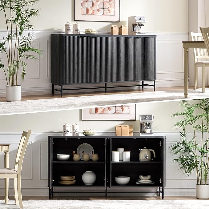 Fatmok 65" Large Sideboard Buffet Cabinet with Storage, Set of 2 Modern Fluted Credenza Accent Coffee Bar Console Tables with Doors & Adjustable Shelves for Living Room or Hallway, Black & Grey