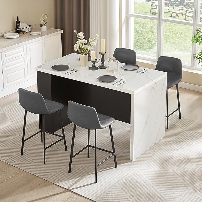 ONBRILL 61 x 31 Inch Whole Board of Tabletop Kitchen Island Table with Storage Space, Power Outlet & LED Lights, Modern Imitation Marble Large Counter Height Dining Table for 4 (Black)