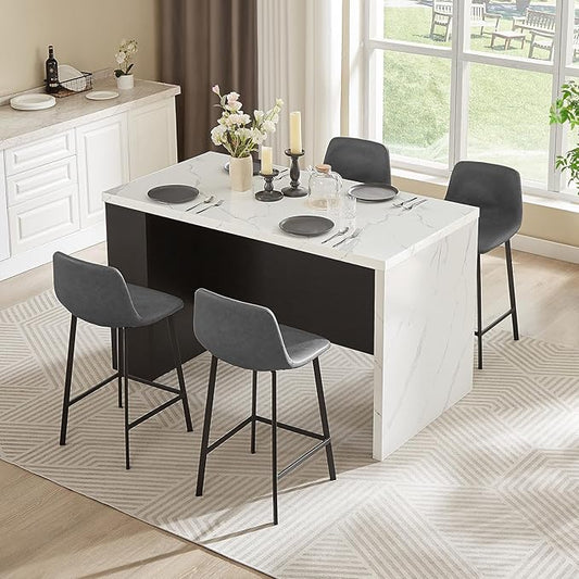 ONBRILL 61 x 31 Inch Whole Board of Tabletop Kitchen Island Table with Storage Space, Power Outlet & LED Lights, Modern Imitation Marble Large Counter Height Dining Table for 4 (Black)