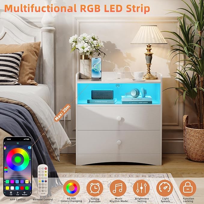 Memobarco 2 Pack Nightstand with Charging Station and LED Light, Modern Nightstand with USB Ports and Outlets, Wood Bedside Table with 2 Storage Drawers, Small Dresser for Bedroom Small Space, White