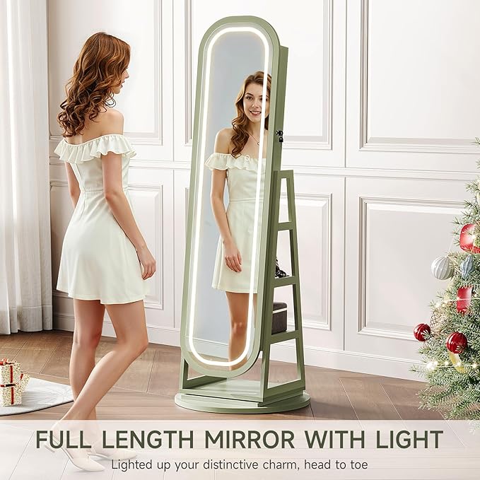 360° Swivel Jewelry Mirror Cabinet with Lights, Inside Makeup Mirror, Standing Jewelry Armoire Organizer, Rotatable Full-Length Mirror with Jewelry Storage, Lockable with Back Storage Shelves (Green)