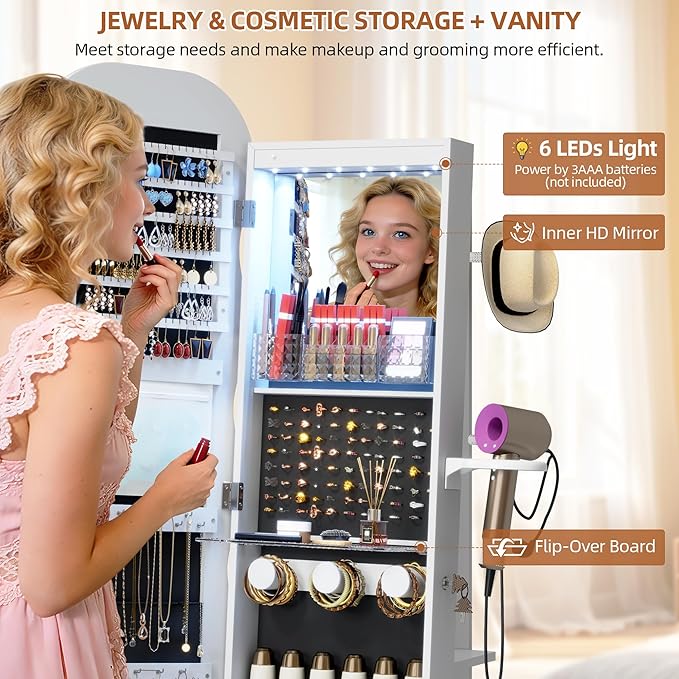 Vlsrka LED Mirror Jewelry Cabinet Standing, 360° Swivel Jewelry Aromire Organizer with Wavy Mirror, Lockable Jewelry Mirror with Storage, Jewelry Cabinet, Interior Mirror, Foldable Shelf (LED White)