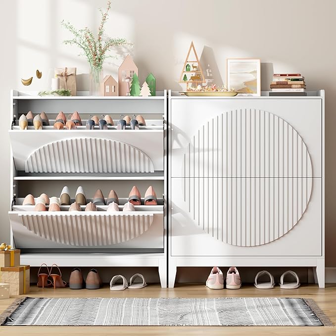 Vlsrka Shoe Cabinet Storage for Entryway with 2 Flip Drawers, Narrow Wooden Shoe Cabinet, Outdoor Hidden Shoe Storage for Entryway, Garage, Foyer, Hallway, Living Room