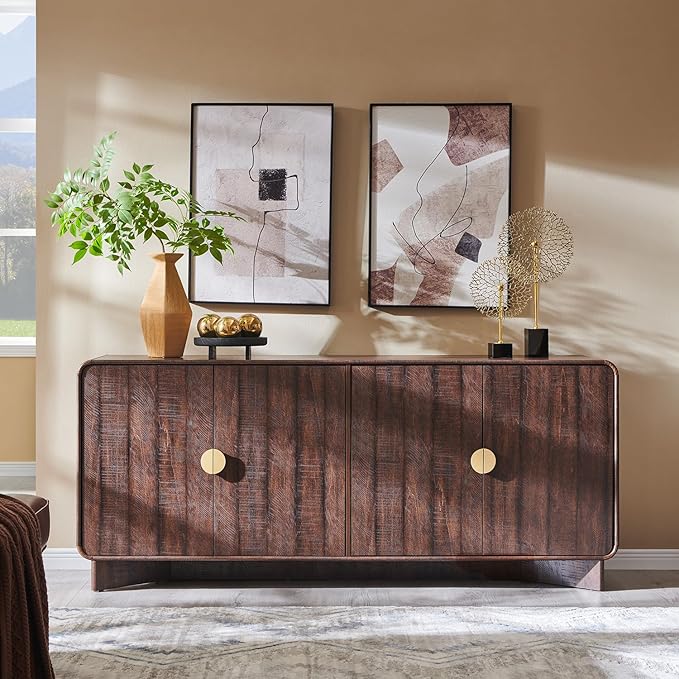 IFGET 70" Modern TV Stand for TVs Up to 80 inches, 30" Tall Entertainment Center with Storage and Adjustable Shelves, TV Console with Curved Profile Design, Media Console for Living Room, Brown