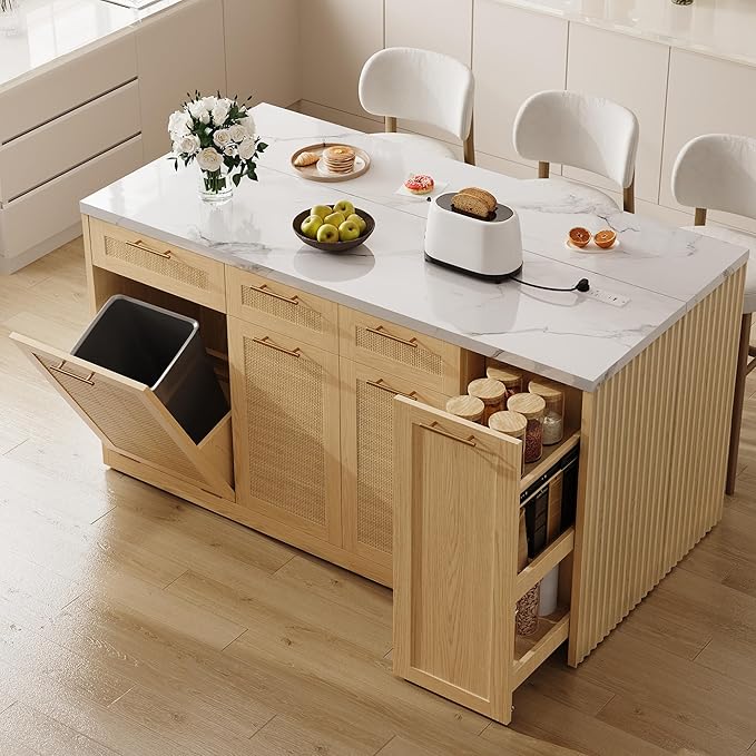 LIKIMIO 59" Kitchen Island with Power Outlet & Hidden Trash can Storage, Faux Marble Island Table with Seating Area, 3-Tier Spice Rack, 3 Drawers, 2-Tier Cabinet, Kitchen Cart on Wheels, Natural