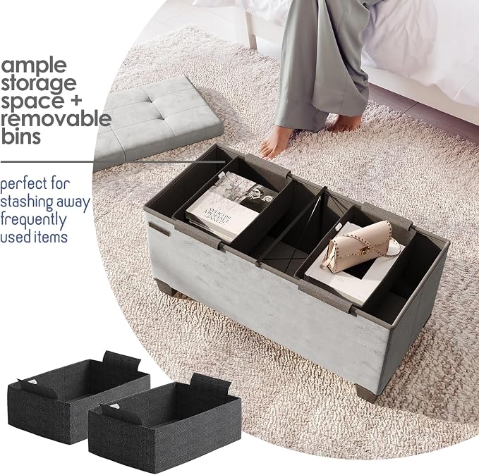 Storage Ottoman Bench with Bins, 30-in Storage Bench for Bedroom End of Bed, Folding Foot Rest Ottoman for Living Room Max 660lbs, Velvet Ottomans, Light Grey