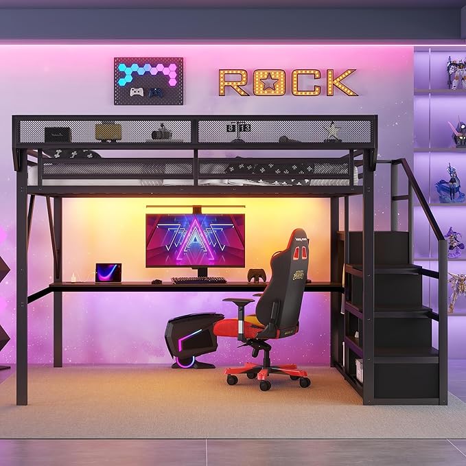 Mirightone Queen Size Loft Bed with Desk and Light, Metal Loft Bed Frame with Stairs and Bedside Shelf, Tall Lofts Beds with Storage Shelves and Wardrobe for Adults Studio Apartment, Black