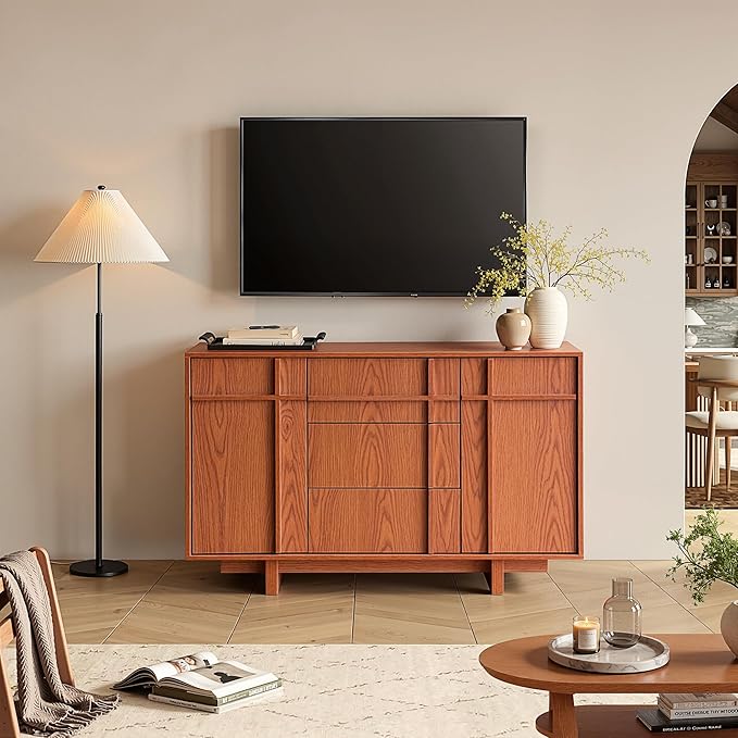 Sideboard Buffet Cabinet with Storage, 47.2" Large Sideboard with 2 Doors&3 Drawers, Mid Century Modern Credenza with Skeleton line&Wood Grain for Living Room, Kitchen and Entryway, Cherry
