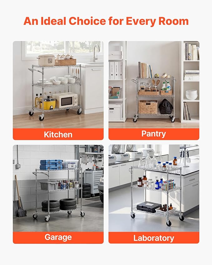 VEVOR Kitchen Utility Cart, 3 Tier Heavy Duty Adjustable Wire Storage Rack, Commercial Steel Rolling Service Trolley on Wheels, Work Table with Handle Bar, for Garage and Laundry Room, 35x17.8x40.9 in