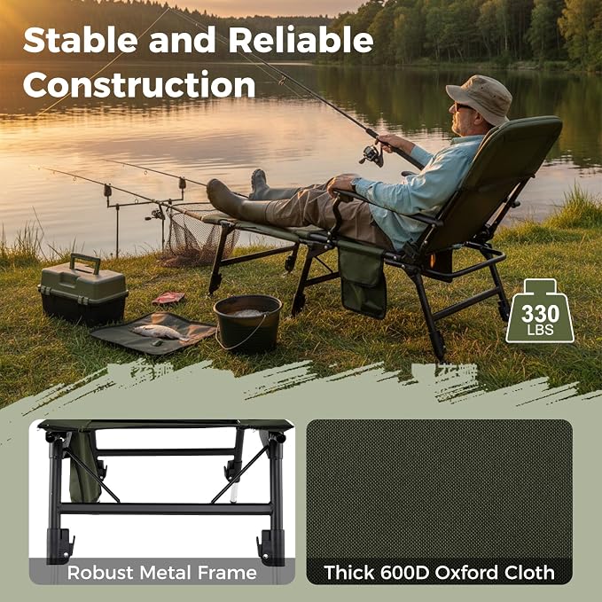 Goplus Foldable Fishing Chair for Adults, Heavy Duty All-Terrain Camping Chair with Detachable Footrest, Padded High-Back, Armrest, Adjustable Feet, Portable Recliner for Outdoor Patio Beach