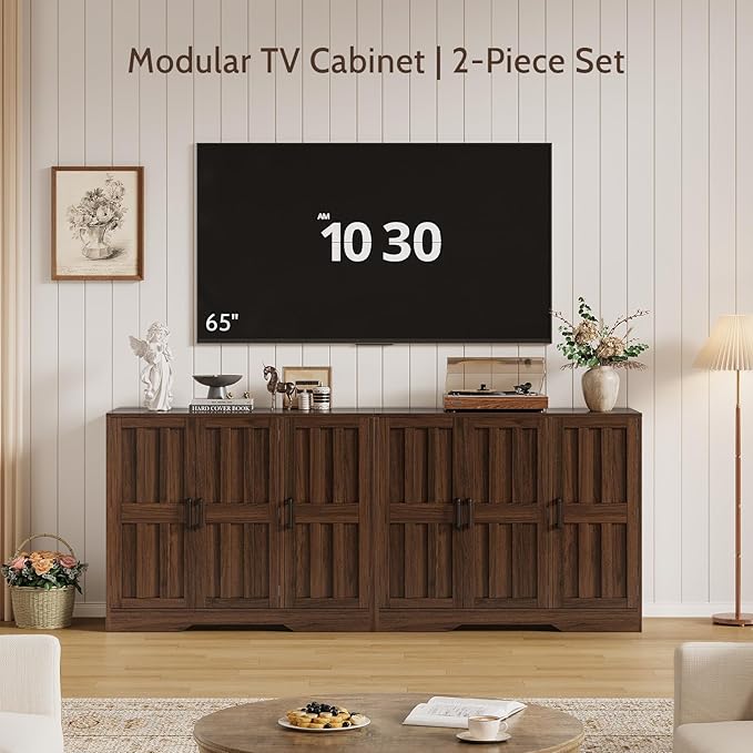 Modern Farmhouse Buffet Cabinet with Storage, 42" Large Sideboard Storage Cabinet with 3 Barn Doors, Coffee Liquor Bar Cabinet Wood Table Credenza with Adjustable Shelf for Kitchen Dining Living Room