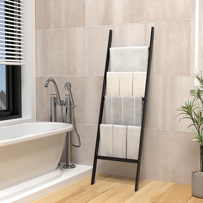WTZ Bamboo Blanket Ladder, 5-Layer Towel Racks, Blanket Holder with Anti-Slip Construction Home Decor, Decorative Blanket, Quilt, Towel, Scarf Ladder Shelves for Livingroom, Bedroom, Bathroom, Black