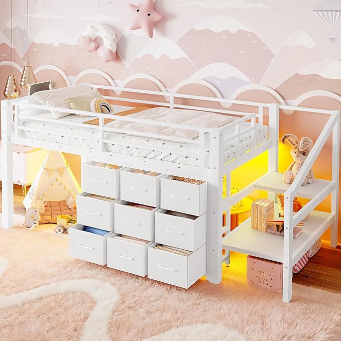 Bellemave Twin Size Loft Bed with 9 Non-Woven Fabric Storage Drawers, Low Loft Bed with Stairs and Lights, Twin Loft Beds with High Rails, Noise Reduced White