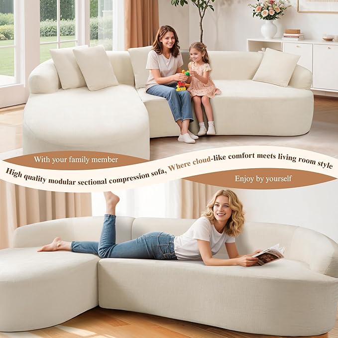 99" Curved Sectional Sofa with Chaise, Modern Boneless Couch with Deep Seat, L Shaped 3-Seater Cloud Couch for Living Room, No Assembly Needed, Chenille (Beige, Left Chaise+Right Sofa)