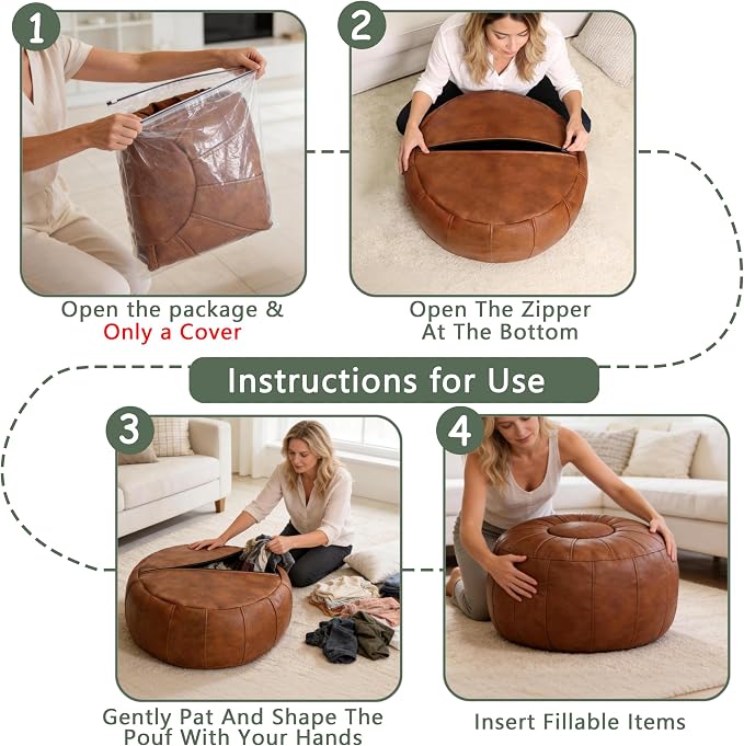 Thgonwid Unstuffed Moroccan Storage Pouf Foot Stool Ottoman Seat Handmade Faux Leather Bean Bag Floor Chair Foot Rest for Living Room, Bedroom or Balcony (Light Brown)