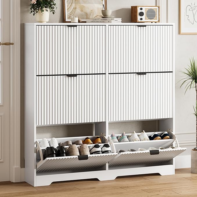 HUANLEGO Shoe Cabinet Storage for Entryway with 6 Flip Drawers, White Fluted Shoe Cabinet with Adjustable Shelves, Wooden Hidden Shoe Rack Freestanding Narrow Slim Shoes Storage for Hallway, Entrance