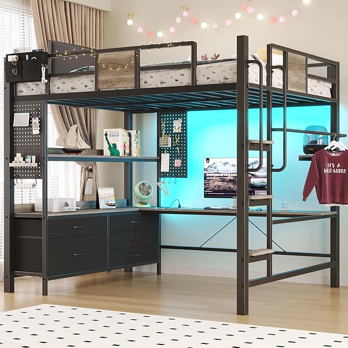 BYSAUD Full Size Loft Bed, Loft Bed Full Size, Bunk Bed with Desk, Loft beds with Desk,LED Lights & Charging Station,5 Drawer&1 Bedside Organizer,Safety Guardrail,Noise Free,No Box Spring Needed,Gray