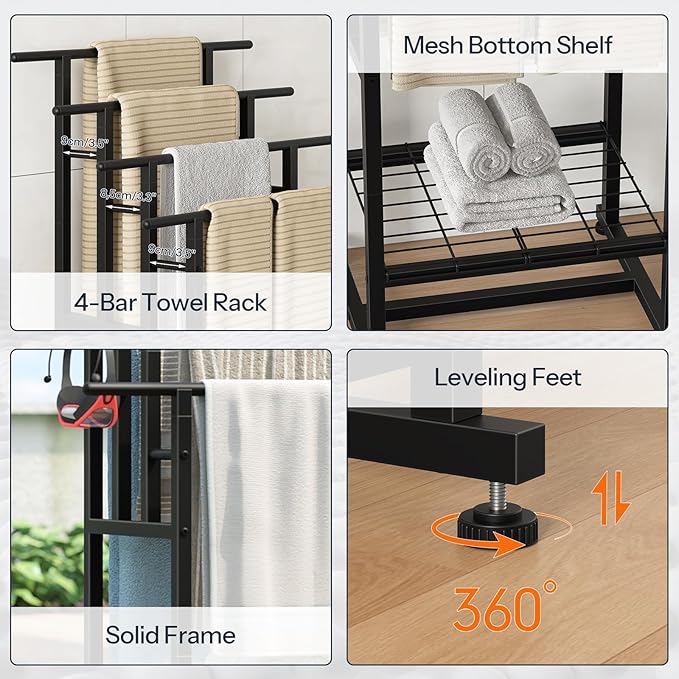 HOOBRO 4-Tier Freestanding Towel Rack, 28.3" L x 15.7" W x 41.3" H, Pool Towel Rack Outdoor, Metal Bathroom Storage Organizer with Bottom Shelf, Standing Blanket Rack, Industrial Style, Black BK16LB01