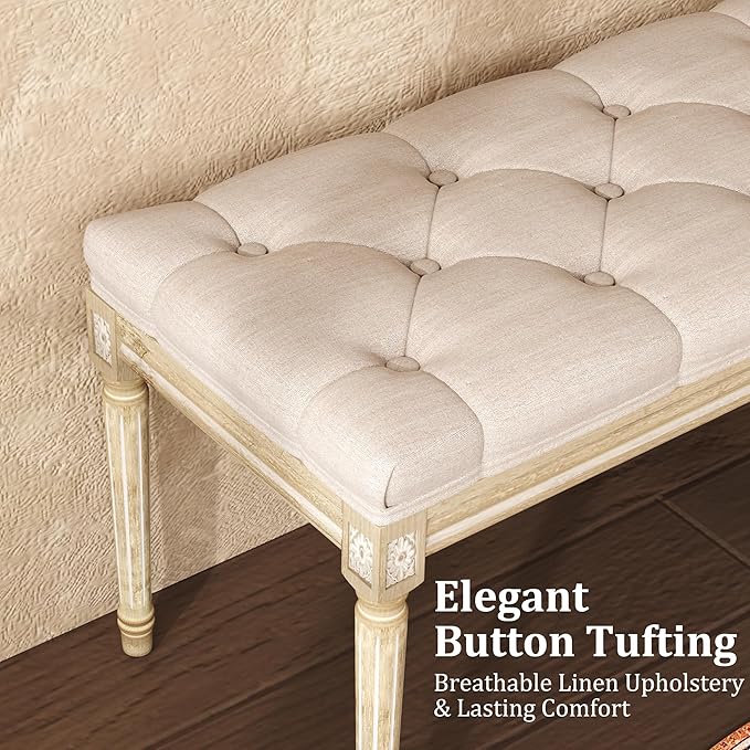 Yusong Upholstered Bench, Bedroom Bench for End of Bed, Piano Bench with Button Tufted Padded Seat for Living Room, Dining, Entryway, Shoe, Vanity Foot-Stool with Carved Wood Legs, Beige