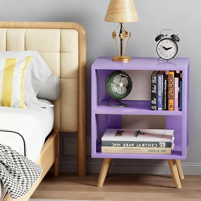 Aenuert Night Stand, Purple Nightstand, Modern End Table with Open Storage, 2-Tier Wooden Bedside Table for Small Space, Living Room, Bedroom