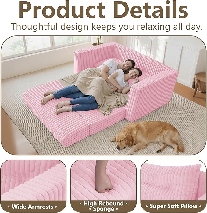 HABUTWAY 41.3" Loveseat Boneless Couch, 4-in-1 Convertible Sofa Bed, Plush Fur Folding Futon Sofa Bed Couches with a Pillow for Living Room, High-Density Foam Support, No Assembly Required, Pink