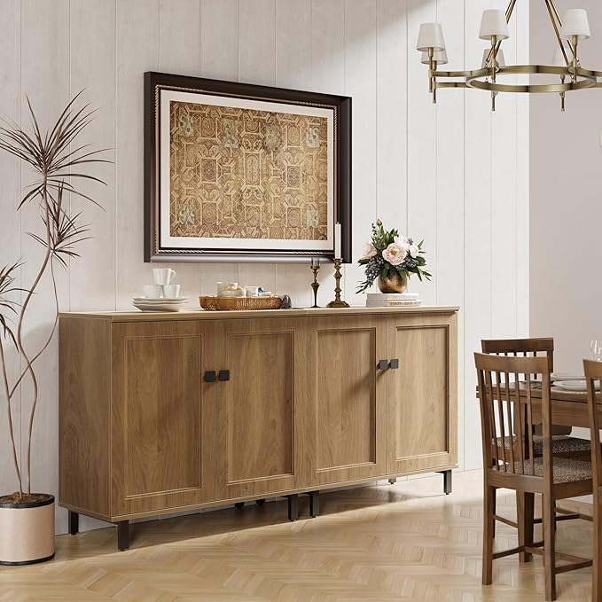 FENSULN Buffet Sideboard Cabinet Farmhouse Modern 2 in 1 Storage Cabinet with Adjustable Shelves for Kitchen, Coffee Bar, Living Room, Oak