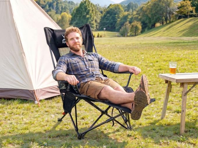 HASIKA Reclining Camping Chair with Footrest, Ultra-Lightweight Portable Folding Lounge Chair for Outdoor Hiking Picnic Beach, 4-Position Adjustable Back Support with Headrest & Carry Bag, Black