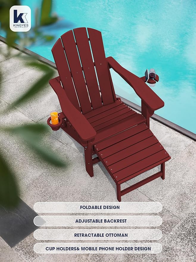 KINGYES Folding Adjustable Adirondack Chair with Ottoman & 2 Cup Holders Set of 2, HDPE Recliner Adirondack Chair with Footrest, Red