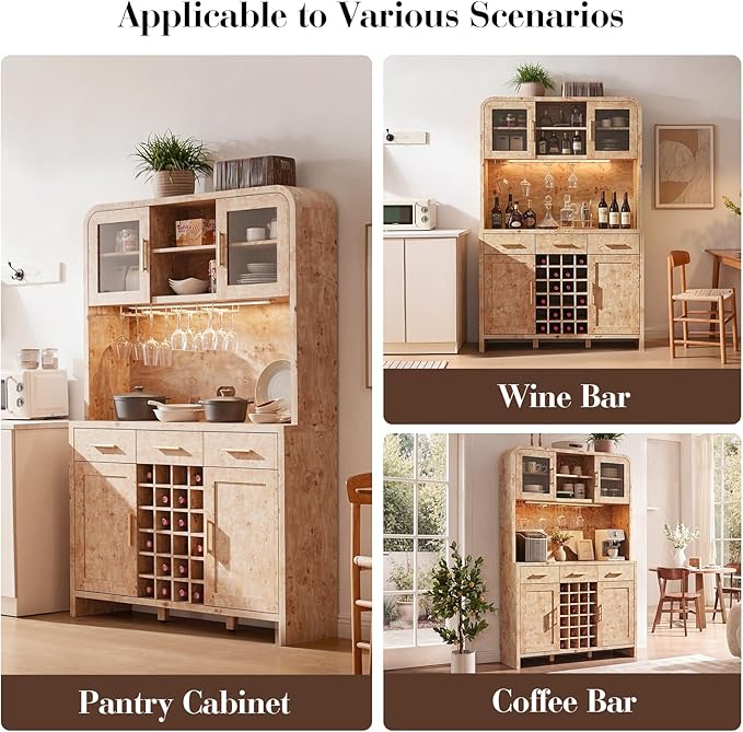 77" Tall Wine Bar Cabinet with Storage Hutch and 3 Drawers, Coffee Bar Cabinet with LED Lights and 24 Bottle Wine Rack for Home Dining Room Kitchen, Light Burl