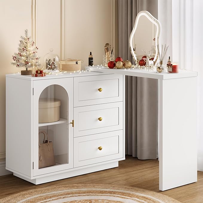 RoyalCraft 59” Makeup Vanity Desk, White Vanity Dresser Combo, Modern Dressing Table with 3 Drawer & 1 Door, Vanity for Bedroom, L Sharped Corner Table for Working, Drawing, Nail Care (Without Mirror)