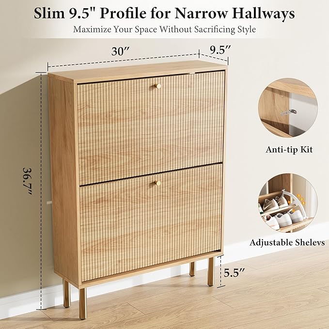 Shoe Storage Cabinet for Entryway - Ultra Slim Shoe Cabinet with Tiered Fluted Design - Modern Shoe Organizer for Entryway with Gold Legs, Hidden Shoe Rack for Small Spaces, Fits Men's Size 13.5