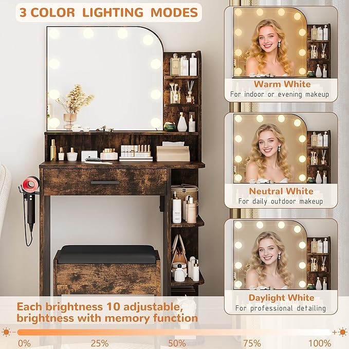 wanan Makeup Vanity with Chair, Small Vanity Desk with Mirror and Lights 3 Colors, Girls Vanity Set with Power Outlet, Compact Vanity Table for Small Space, Vintage Brown