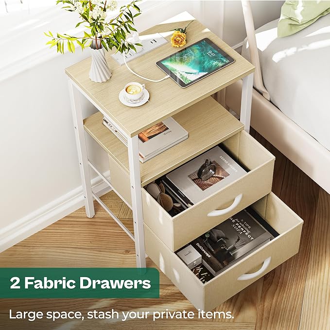 Huuger Nightstand with Charging Station, Side Table with Fabric Drawers, End Table with Open Shelf, Bedside Table with USB Ports and Outlets, Night Stand for Bedroom, White Marple