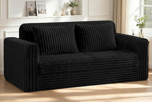 HABUTWAY 68" Loveseat Boneless Couch, 4-in-1 Convertible Sofa Bed, Plush Fur Folding Futon Sofa Bed Couches with 2 Pillows for Living Room, High-Density Foam Support, No Assembly Required, Black