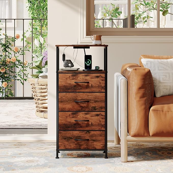 Somdot Tall Nightstand with Charging Station and LED Light for Bedroom, 4 Drawers Dresser with Fabric Bins for Bedside Kids Dorm Room Closet Laundry Entryway, Wood Grain Print