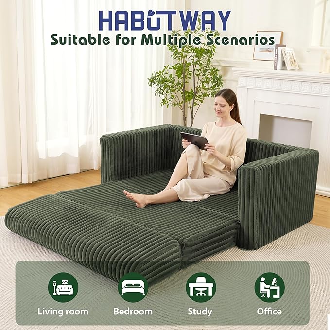 HABUTWAY 49.8" Loveseat Boneless Couch, 4-in-1 Convertible Sofa Bed, Plush Fur Folding Futon Sofa Bed Couches Without Pillow for Living Room, High-Density Foam Support, No Assembly Required, Green